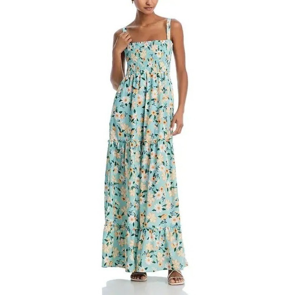 Agua Bendita Lucery Maxi Dress Teal Floral Smocked‎ Tiered Gown Size Large NEW